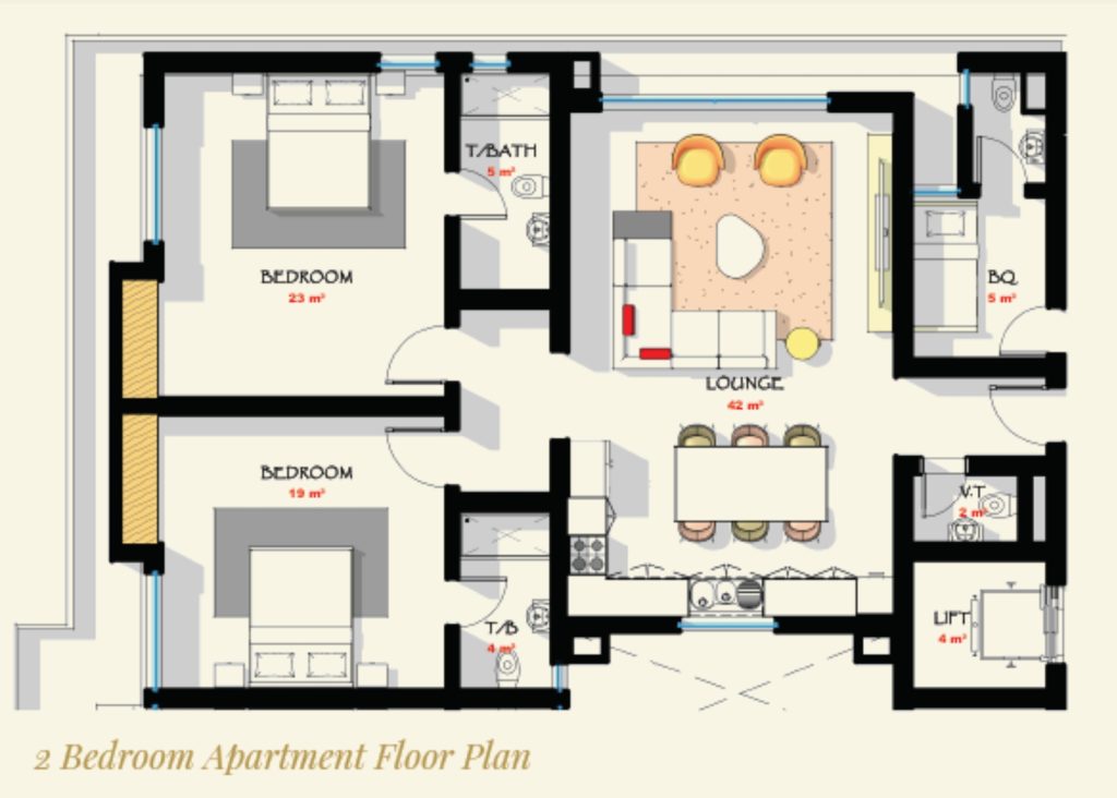 Floor plan layout for 2-bedroom maisonette in Lagos