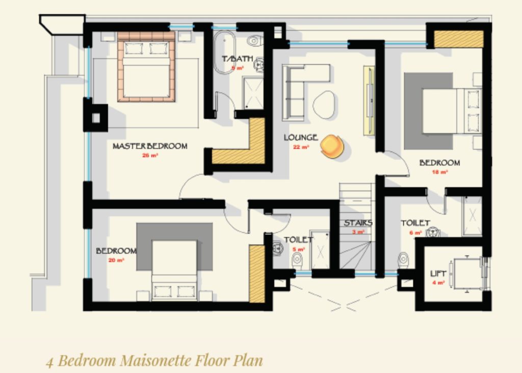 Floor plan layout for 4-bedroom maisonette in Lagos