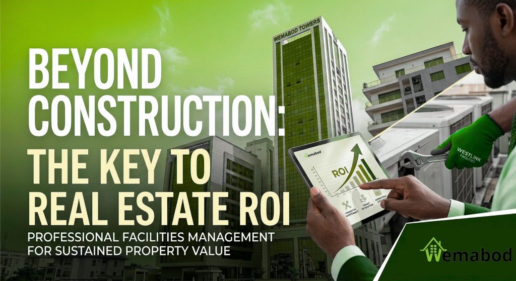 A technician and property manager reviewing real estate ROI using professional facilities management software in front of Wemabod Towers